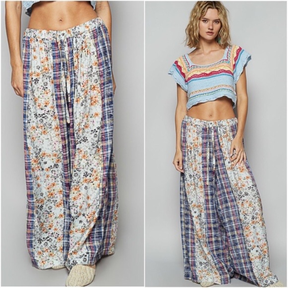 POL Charcoal Stretchy Waist Floral Plaid Print Wide leg Pants